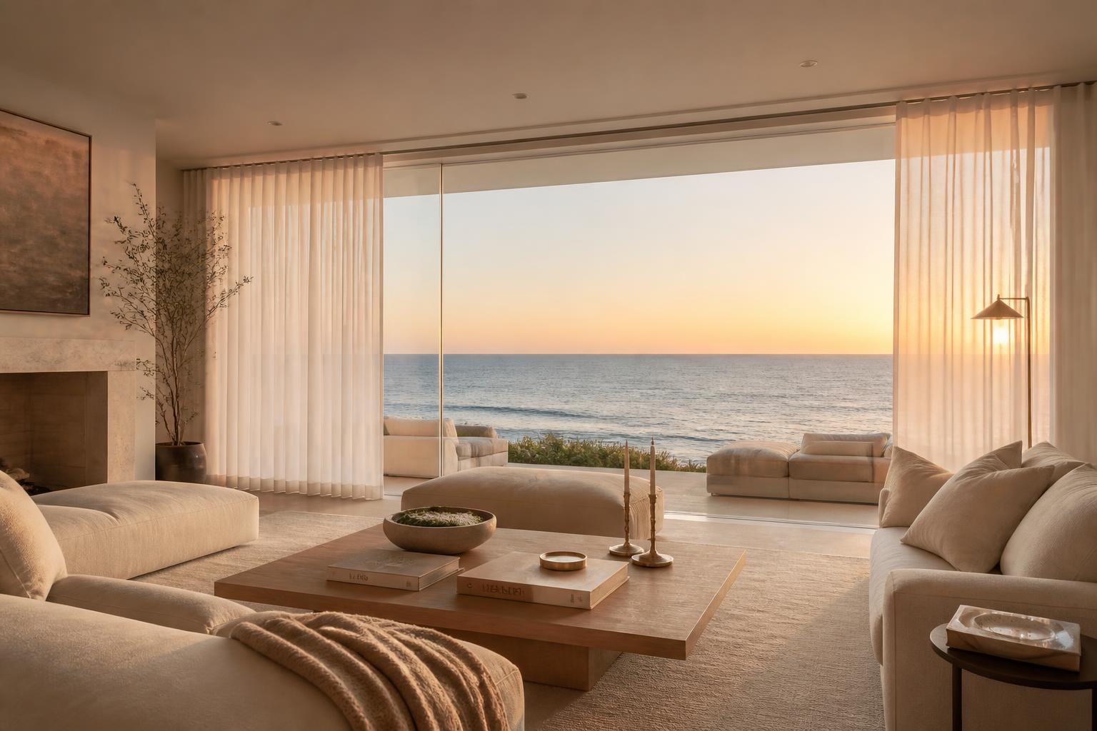 Signature Design Concept — Malibu oceanfront living area with ceiling-mounted ripple fold performance sheer linen framing an unobstructed Pacific horizon at golden hour