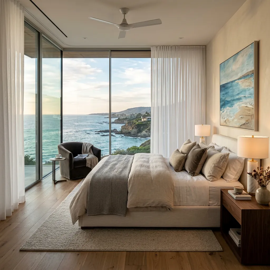 Ripple fold performance sheer drapery framing a panoramic Pacific Ocean view in a Malibu primary bedroom