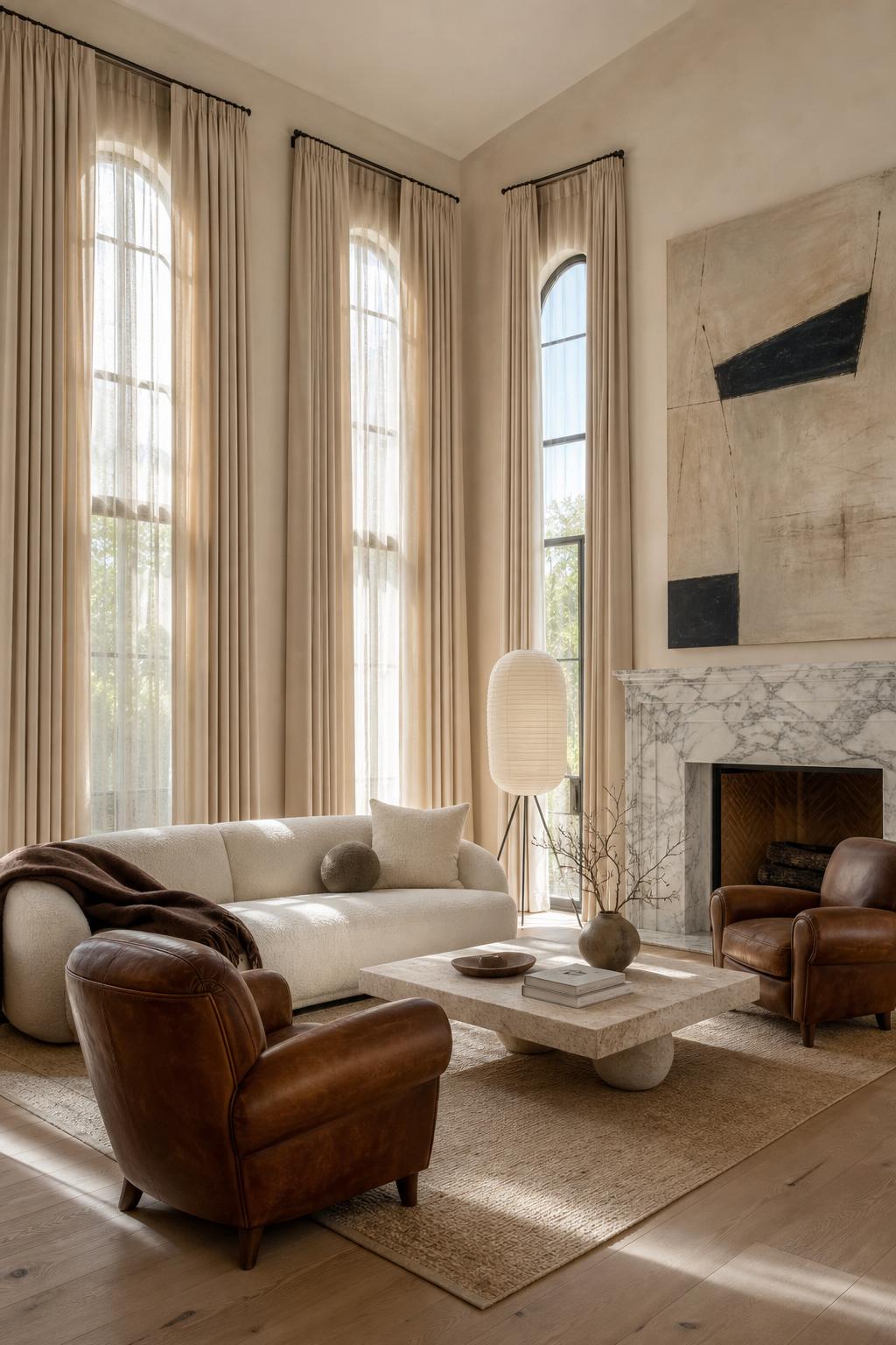 Full-height ripple-fold drapery in a Beverly Hills formal living room, mounted at the ceiling to extend the architecture of twelve-foot windows
