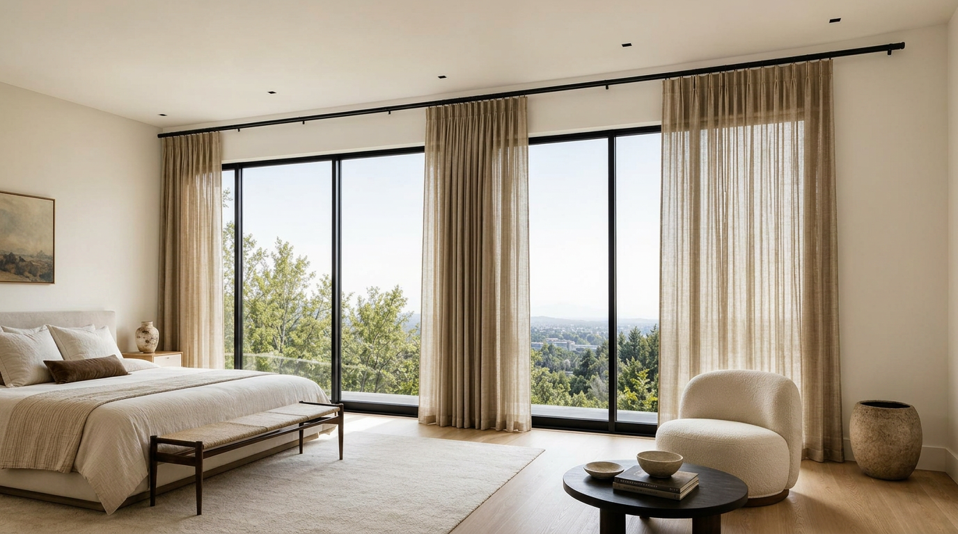 Signature Design Concept — Trousdale Estates contemporary great room with wall-to-wall ceiling-mounted ripple fold drapery in oatmeal Belgian linen on a recessed motorized track