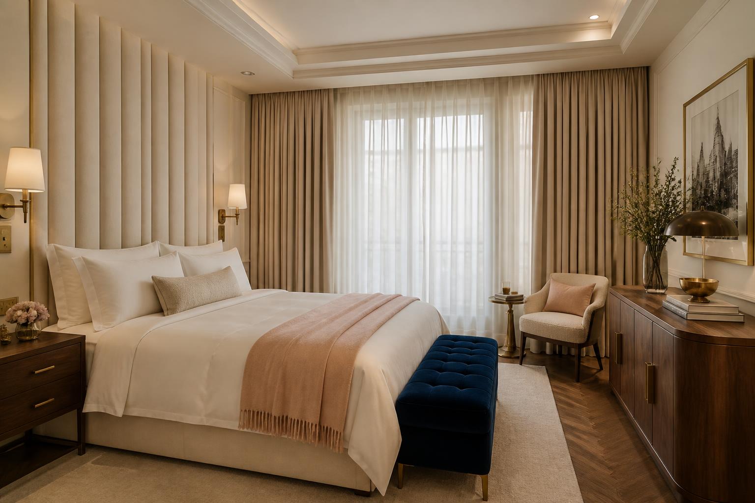 Signature Design Concept — Beverly Hills boutique hospitality guest suite with layered NFPA 701 sheer and three-pass blackout champagne silk on Lutron
