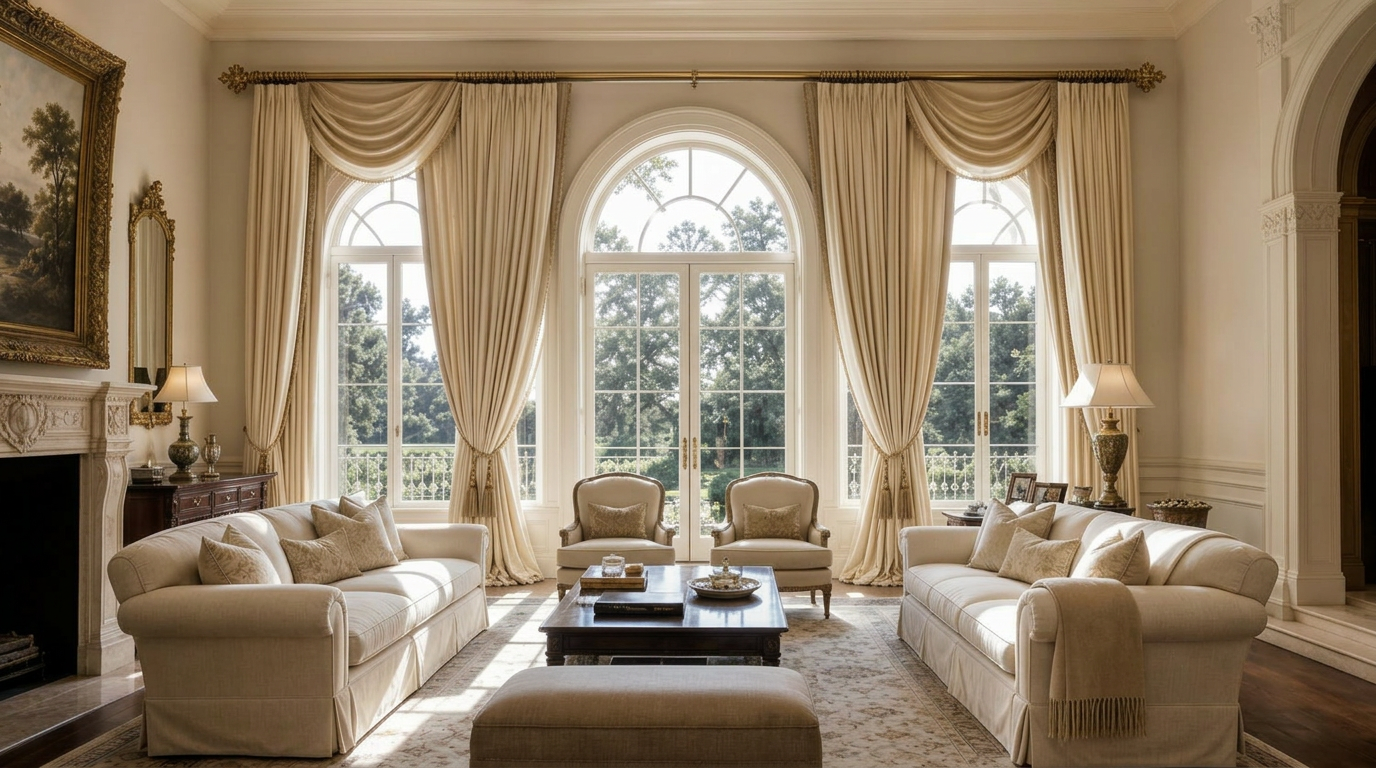Signature Design Concept — Beverly Hills Flats formal living room with hand-tacked French pleat drapery in warm ivory Belgian linen on hand-forged antique brass rods